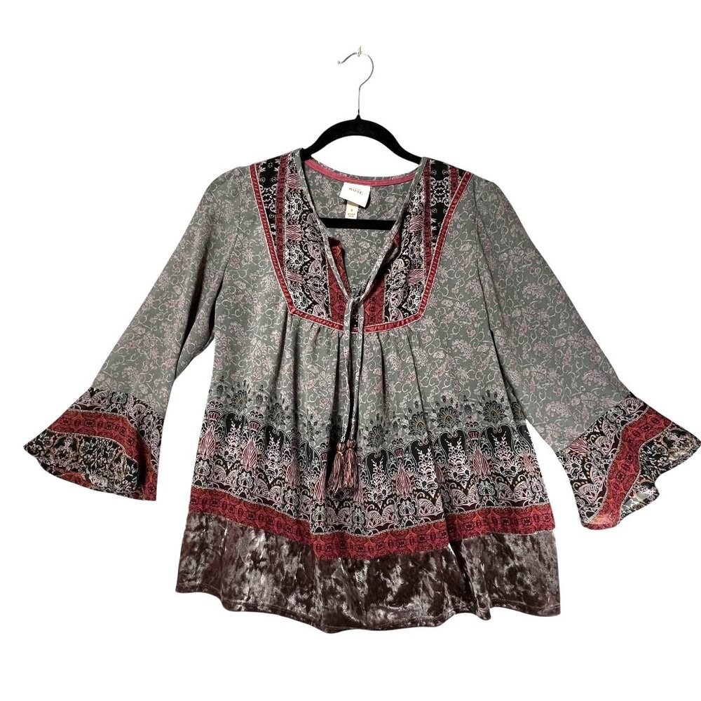 Knox Rose Boho Tunic Top Tassels Velvet Hem Bell Sleeves Gypsy Peasant Gray S
